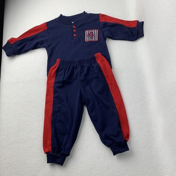 Vintage J.I.T. For Kids Sports Blue Red Shirt Pants Set 6/9 Months - Picture 1 of 13